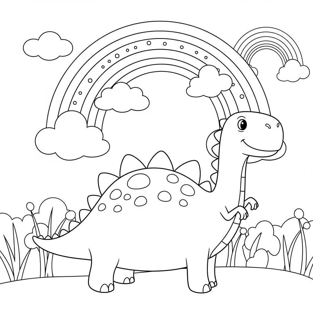 Desenho de Dinossauro e Arco-íris para Colorir