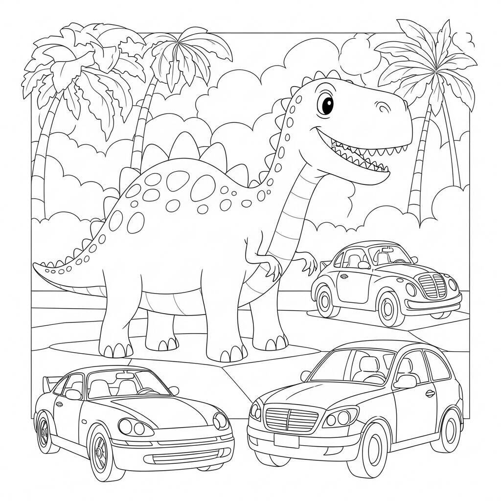 Desenho de Dinossauro e Carros para Colorir