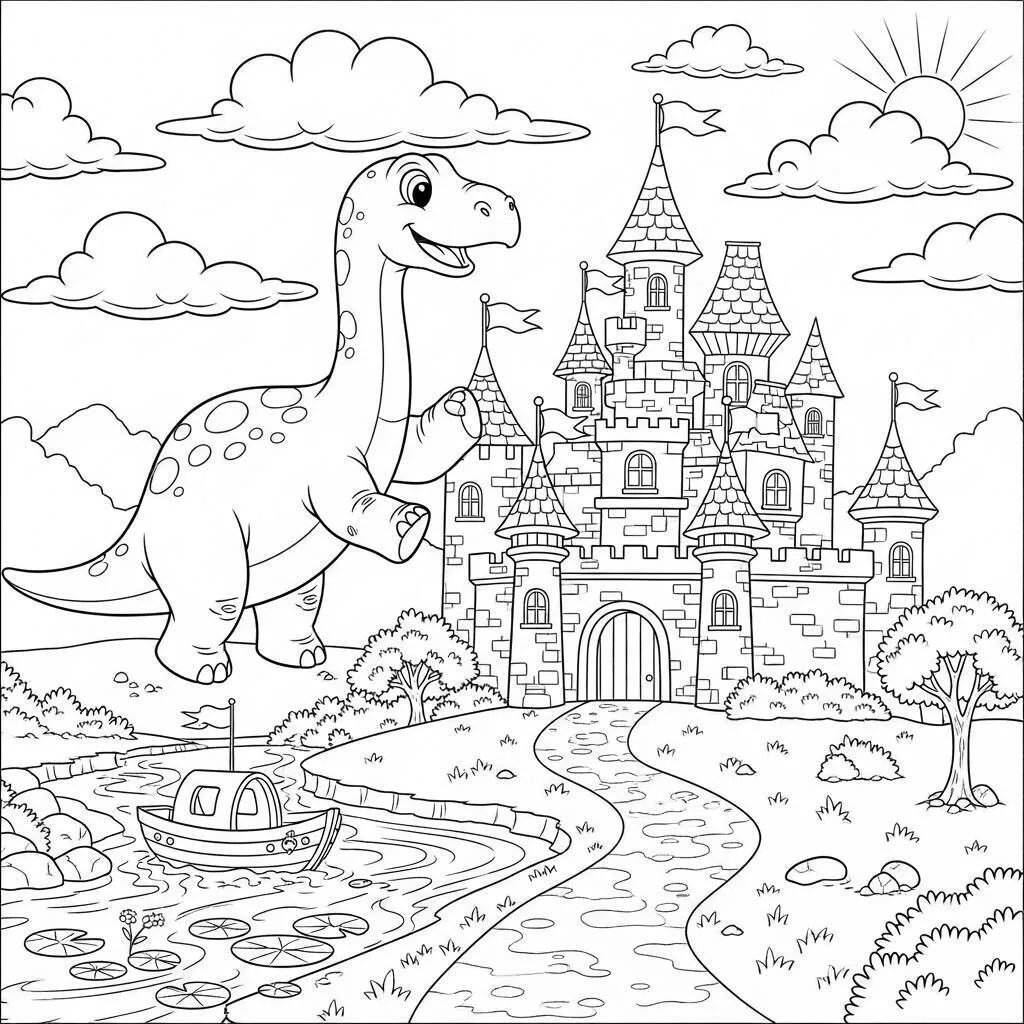 Desenho de Dinossauro e Castelo para Colorir