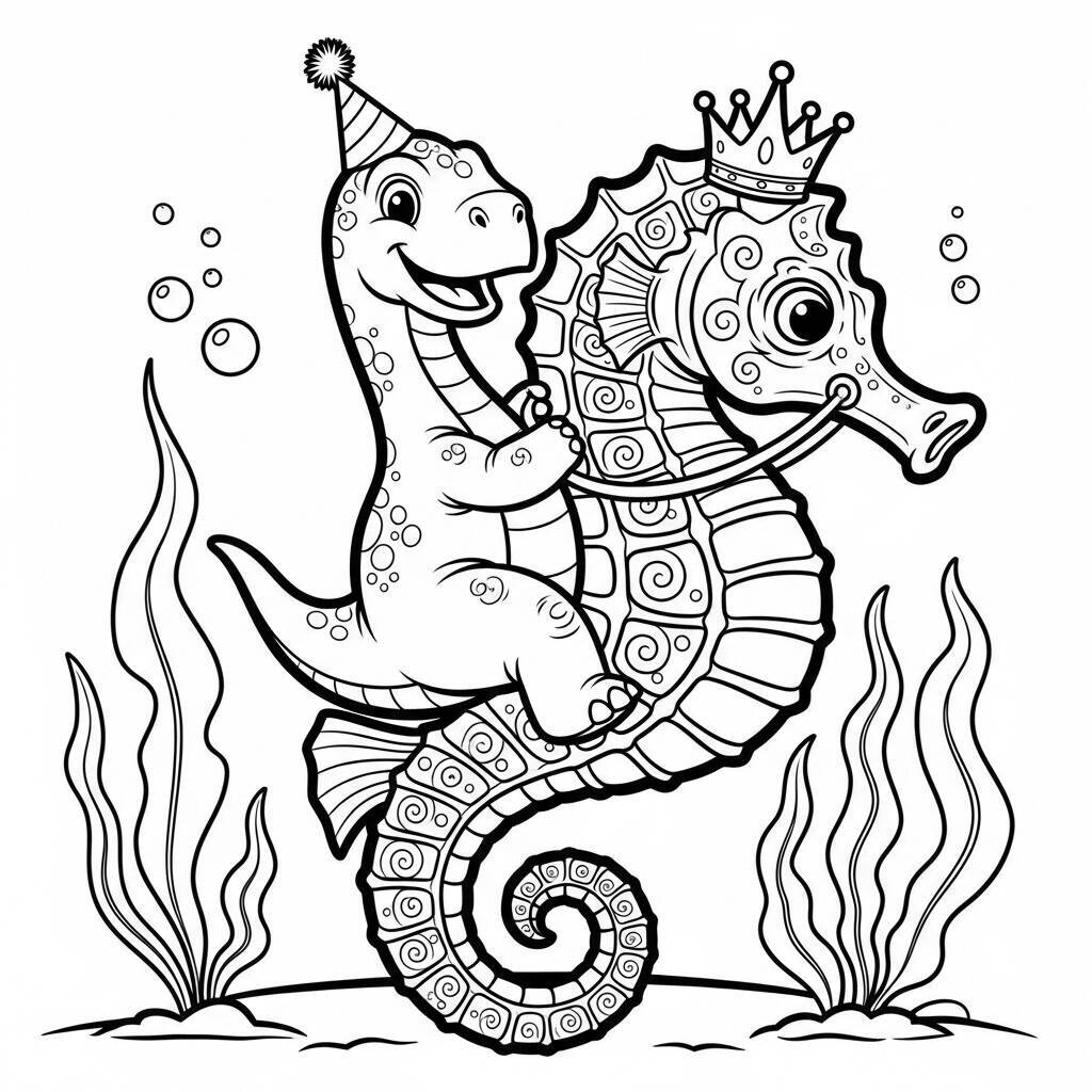Desenho de Dinossauro e Cavalo Marinho para Colorir