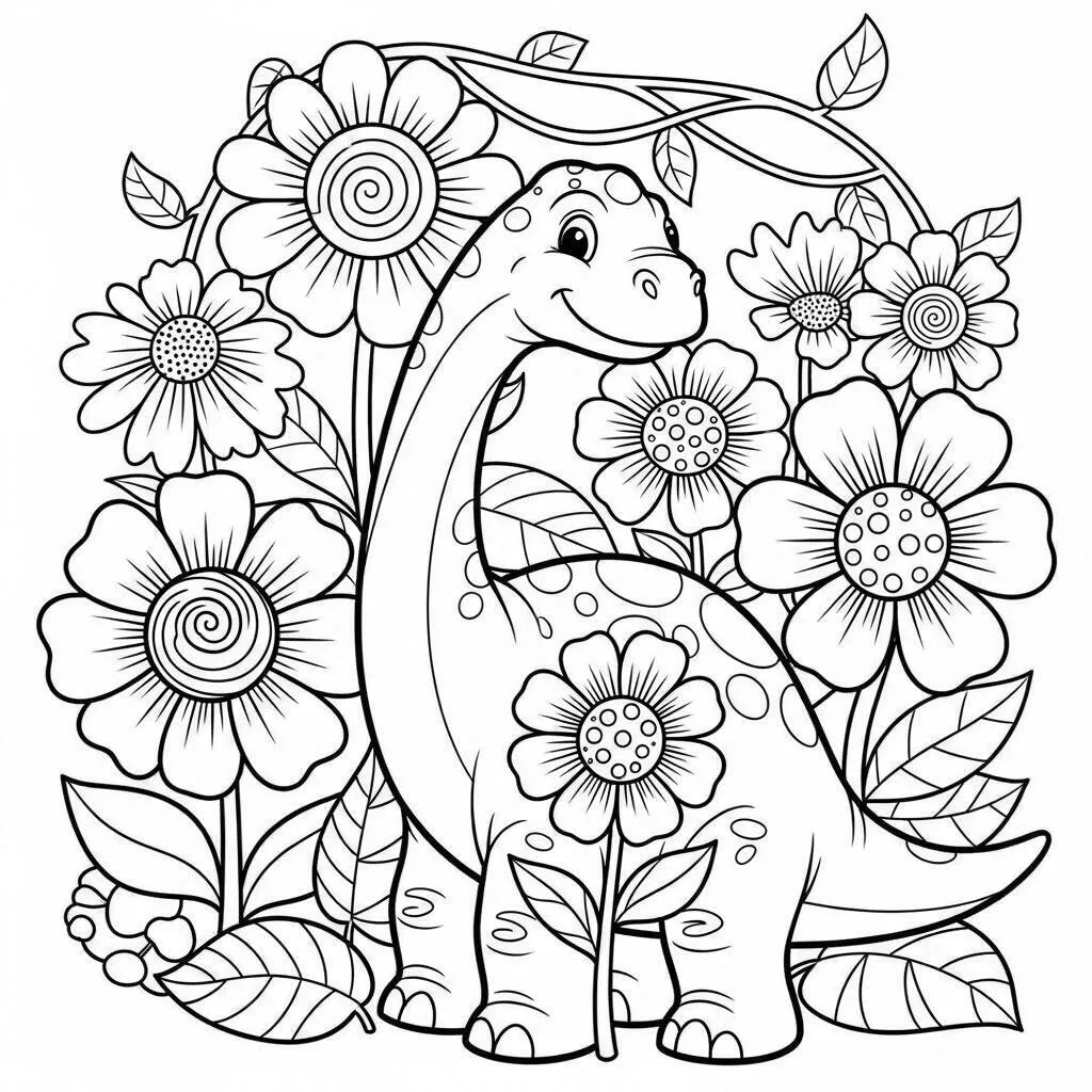 Desenho de Dinossauro e Flores para Colorir
