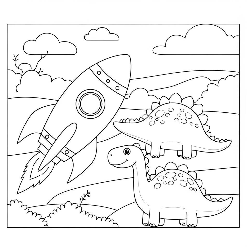 Desenho de Dinossauro e Foguete para Colorir
