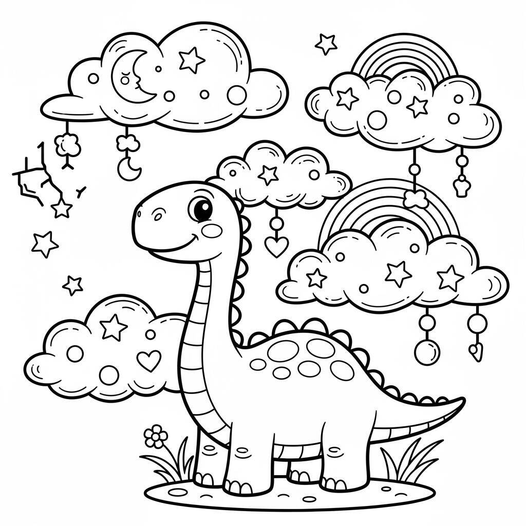 Desenho de Dinossauro e Nuvens de Sonhos para Colorir