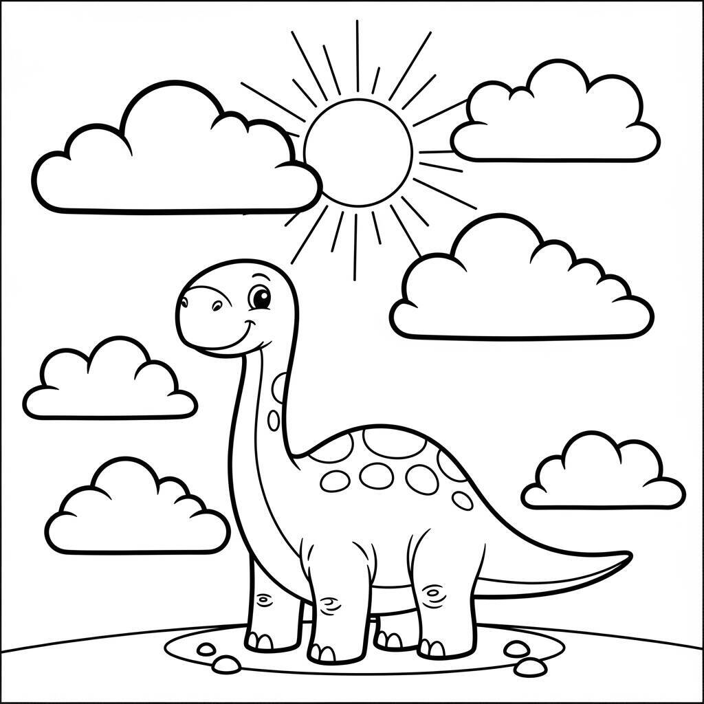 Desenho de Dinossauro e Nuvens para Colorir