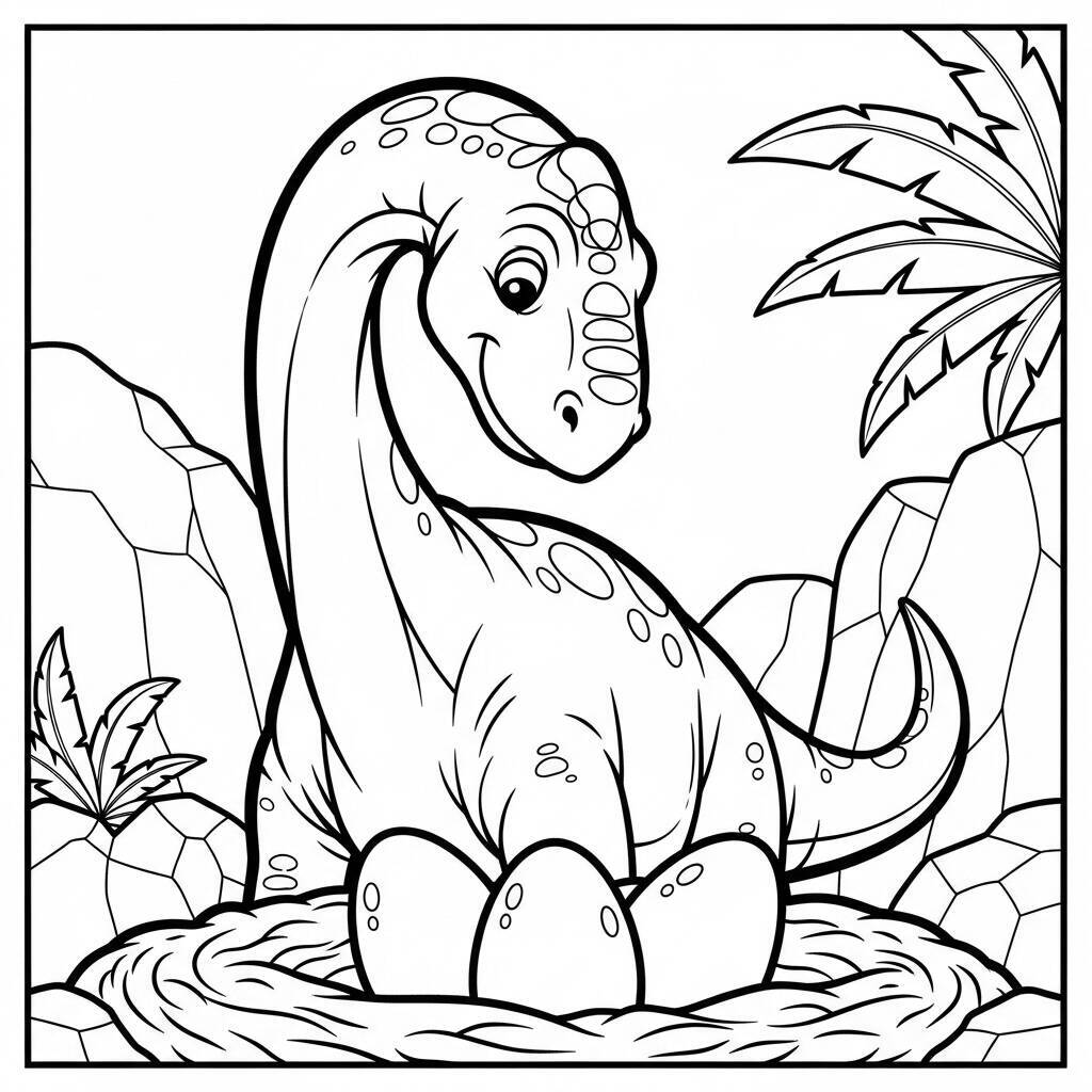 Desenho de Dinossauro e Ovos para Colorir