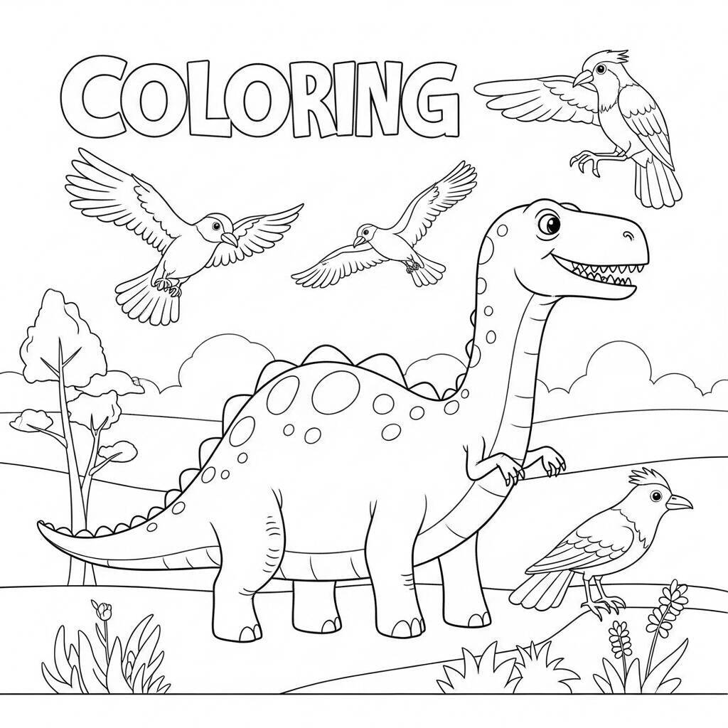 Desenho de Dinossauro e Pássaros para Colorir