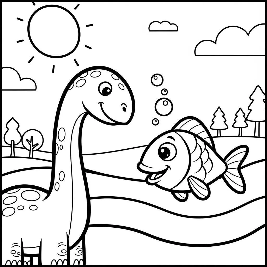Desenho de Dinossauro e Peixes para Colorir