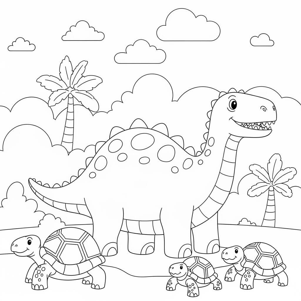 Desenho de Dinossauro e Tartarugas para Colorir