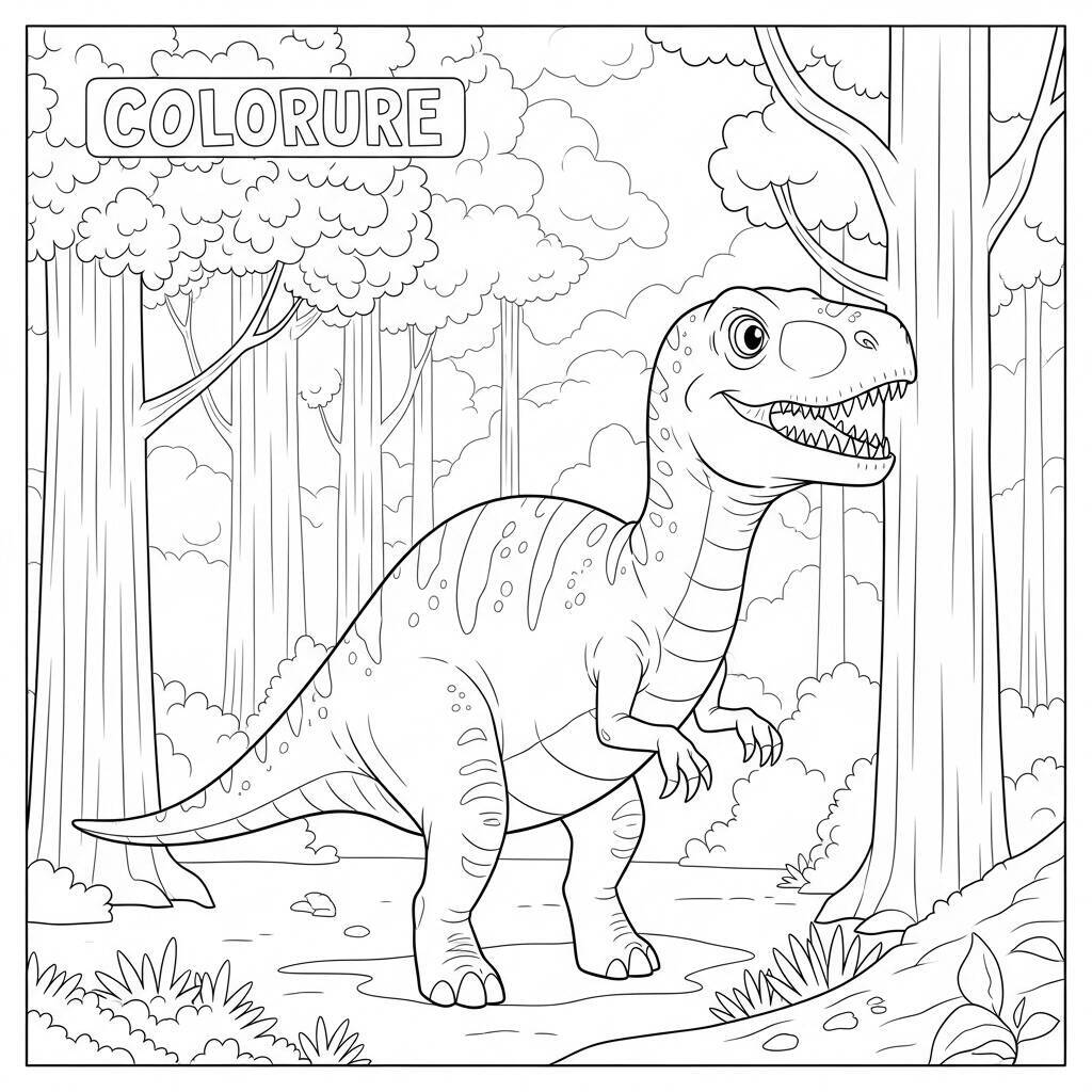 Desenho de Dinossauro na Floresta para Colorir
