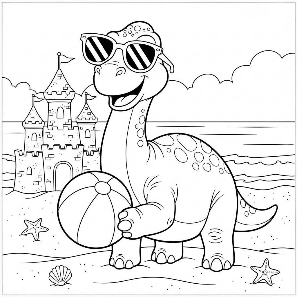 Desenho de Dinossauro na Praia para Colorir