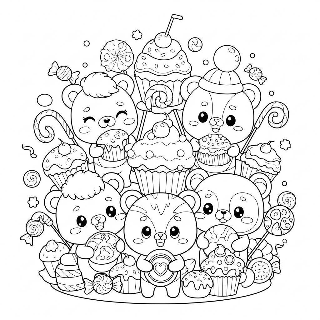 Desenho de Doces e Animais para Colorir