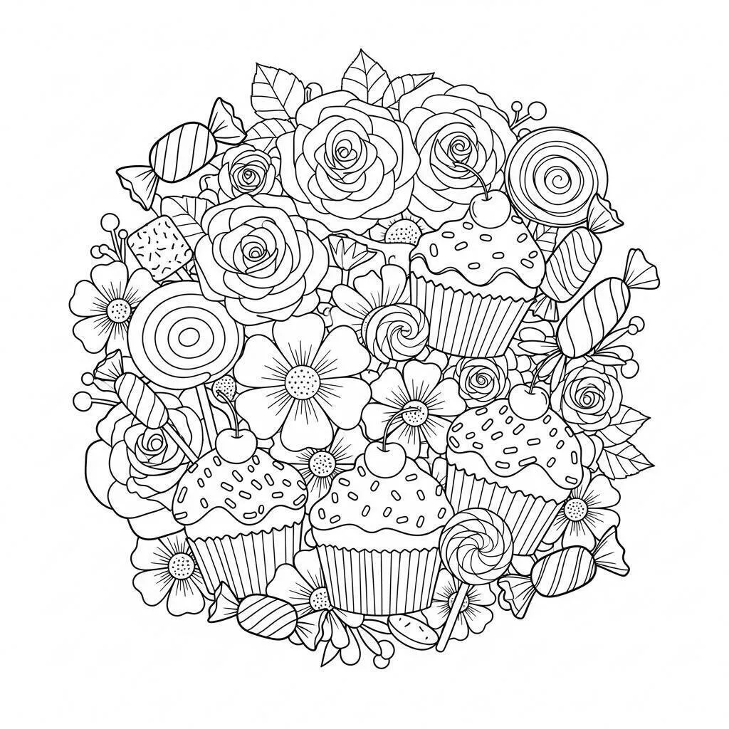 Desenho de Doces e Flores para Colorir