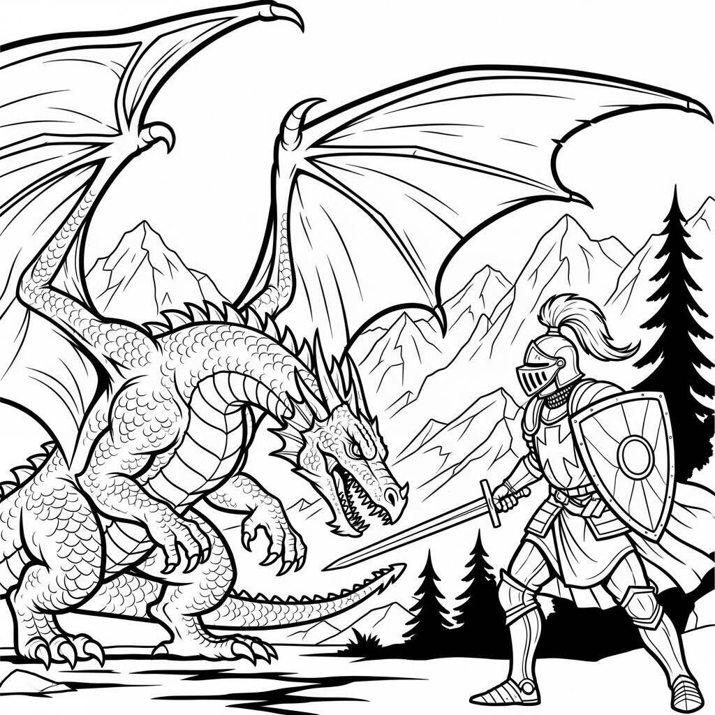 Desenho de Dragão com Cavaleiro para Colorir