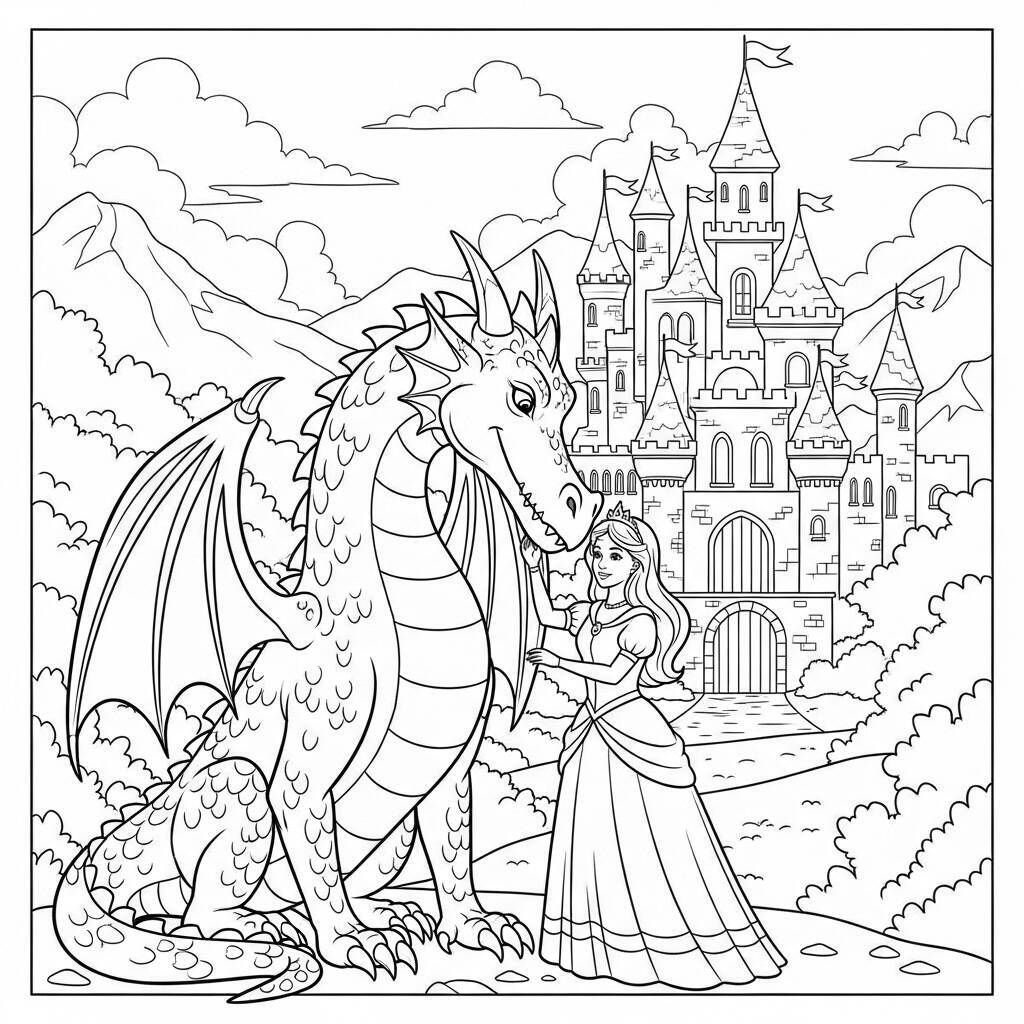 Desenho de Dragão com Princesa para Colorir