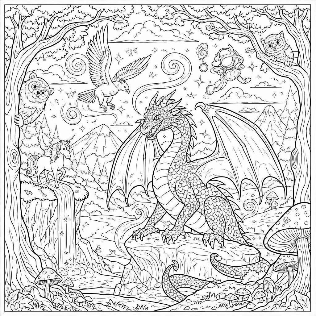 Desenho de Dragão de Fantasia para Colorir