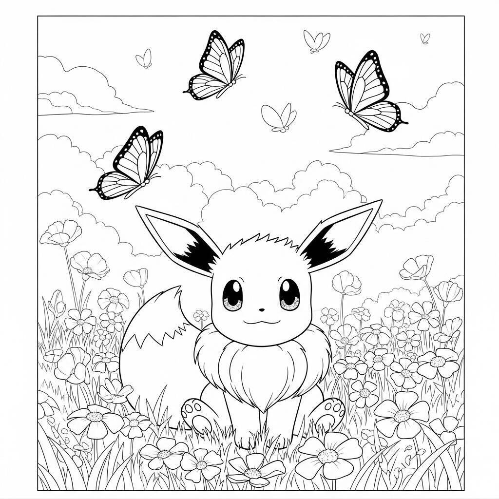 Pagina da colorare di Eevee con fiori