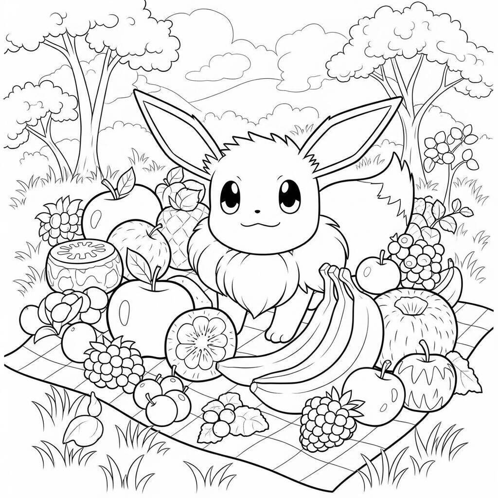 Pagina da colorare di Eevee con frutti
