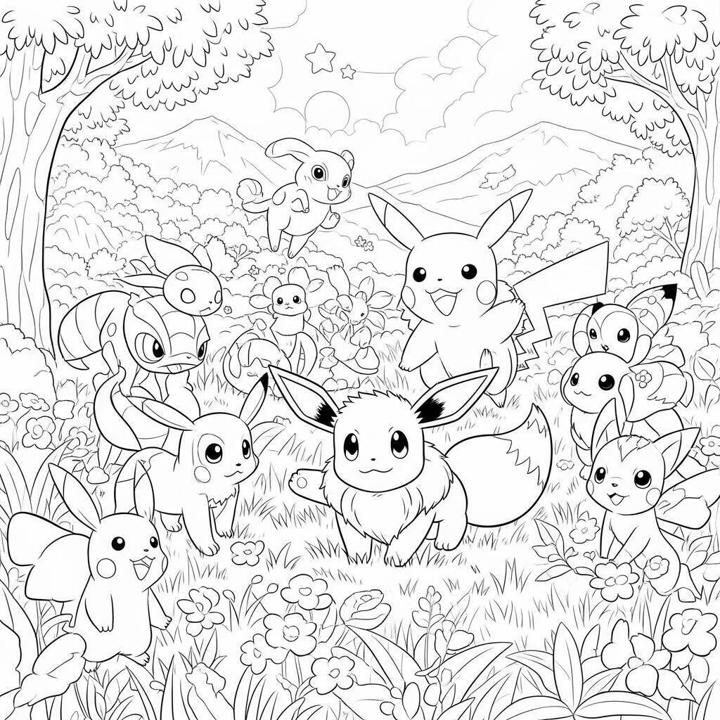 Pagina da colorare di Eevee e i suoi amici