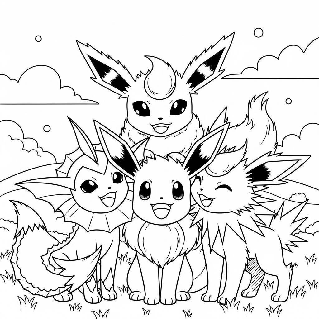 Eevee e le sue evoluzioni da colorare