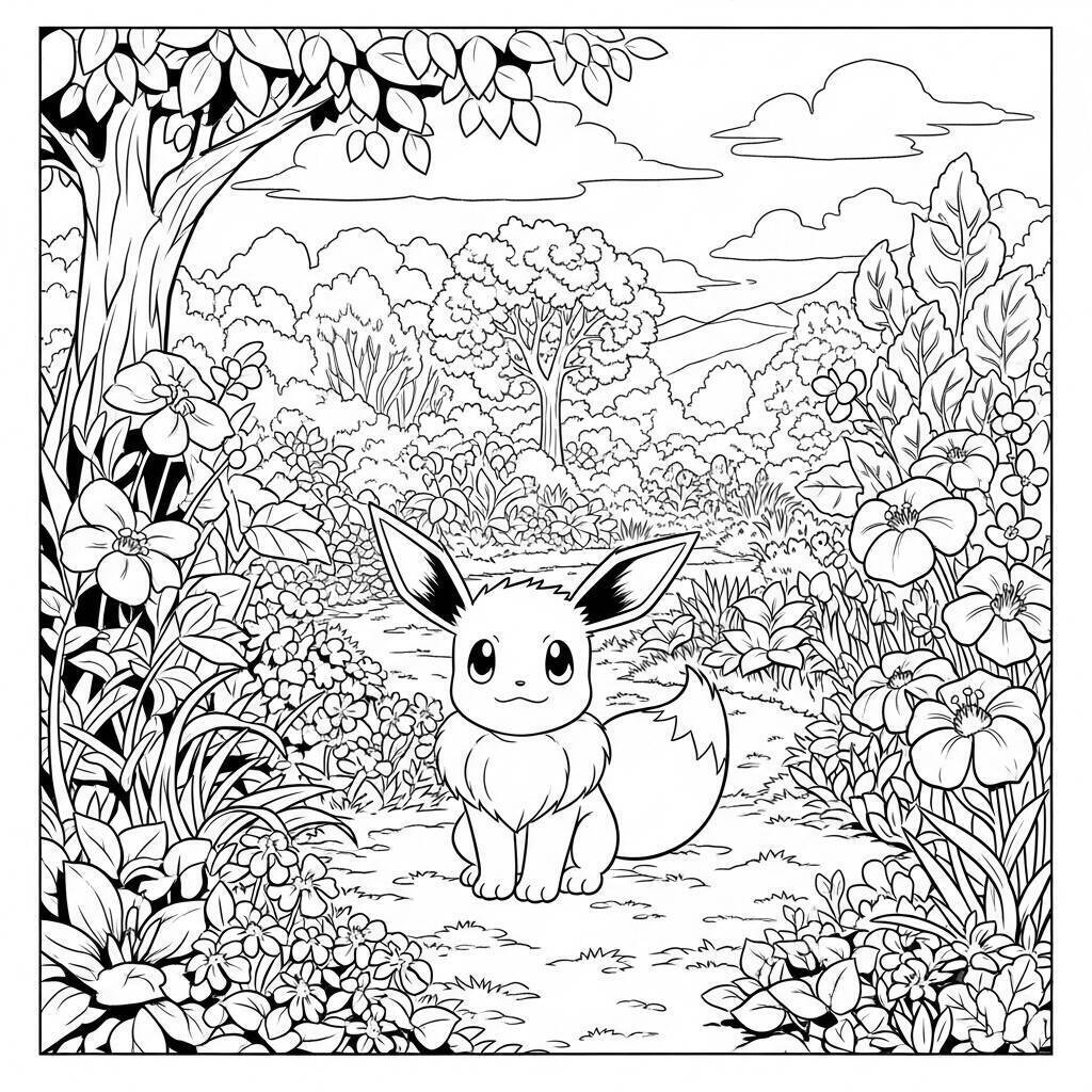 Eevee in un giardino da colorare