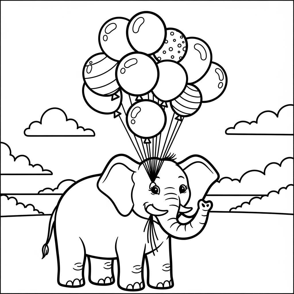 Desenho de Elefante com Balões para Colorir