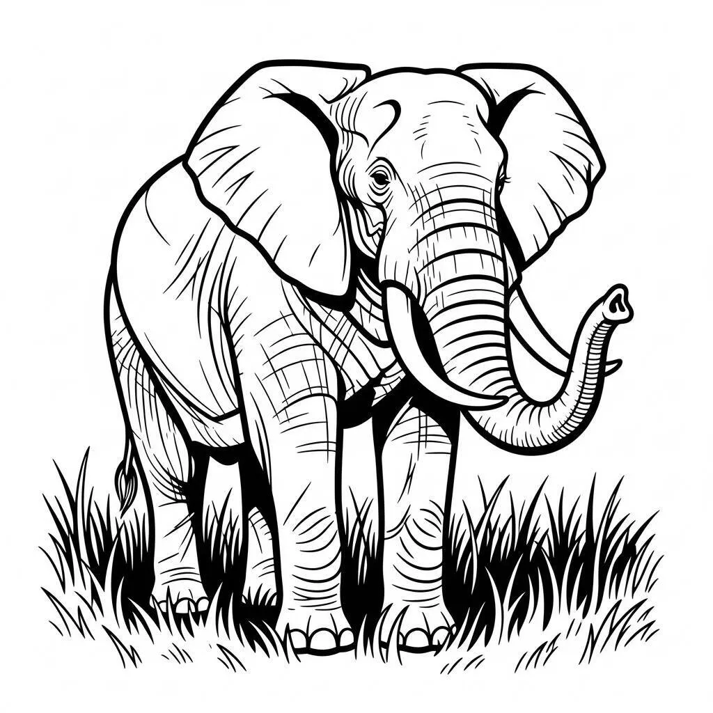 Desenho de Elefante com Grama para Colorir