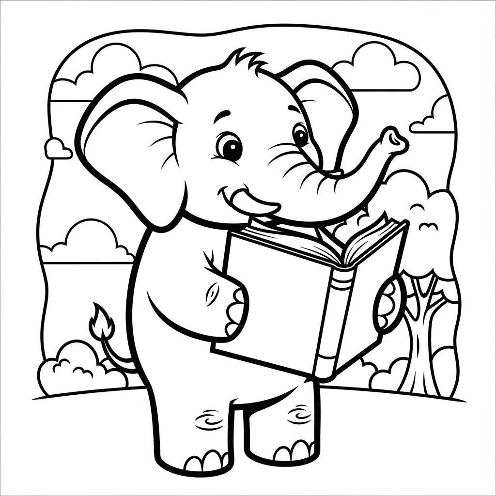 Desenho de Elefante com um Livro para Colorir