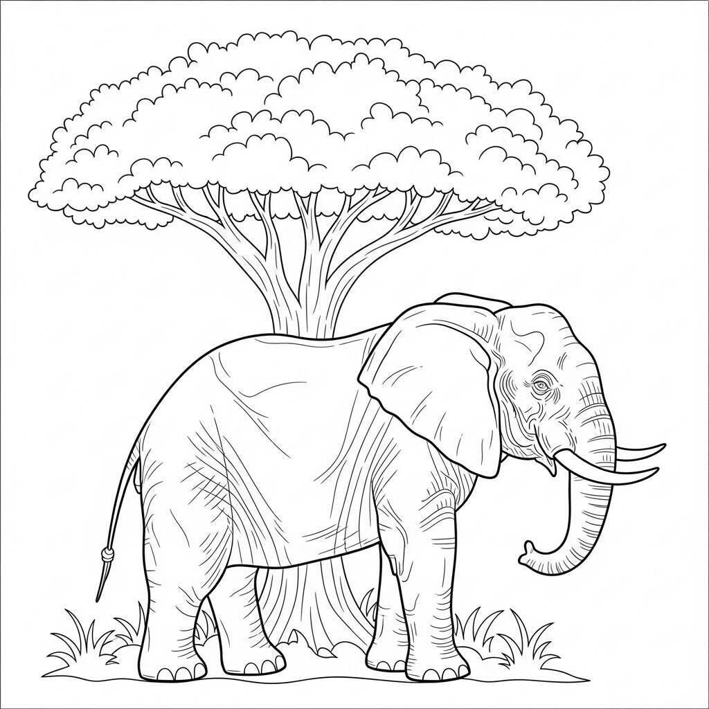 Desenho de Elefante e Árvore para Colorir