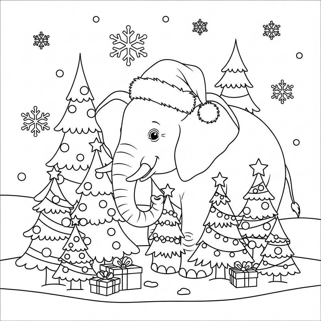 Desenho de Elefante e Arvores de Natal para Colorir