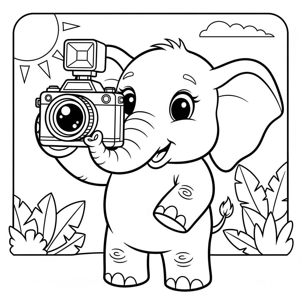 Desenho de Elefante e Câmera para Colorir