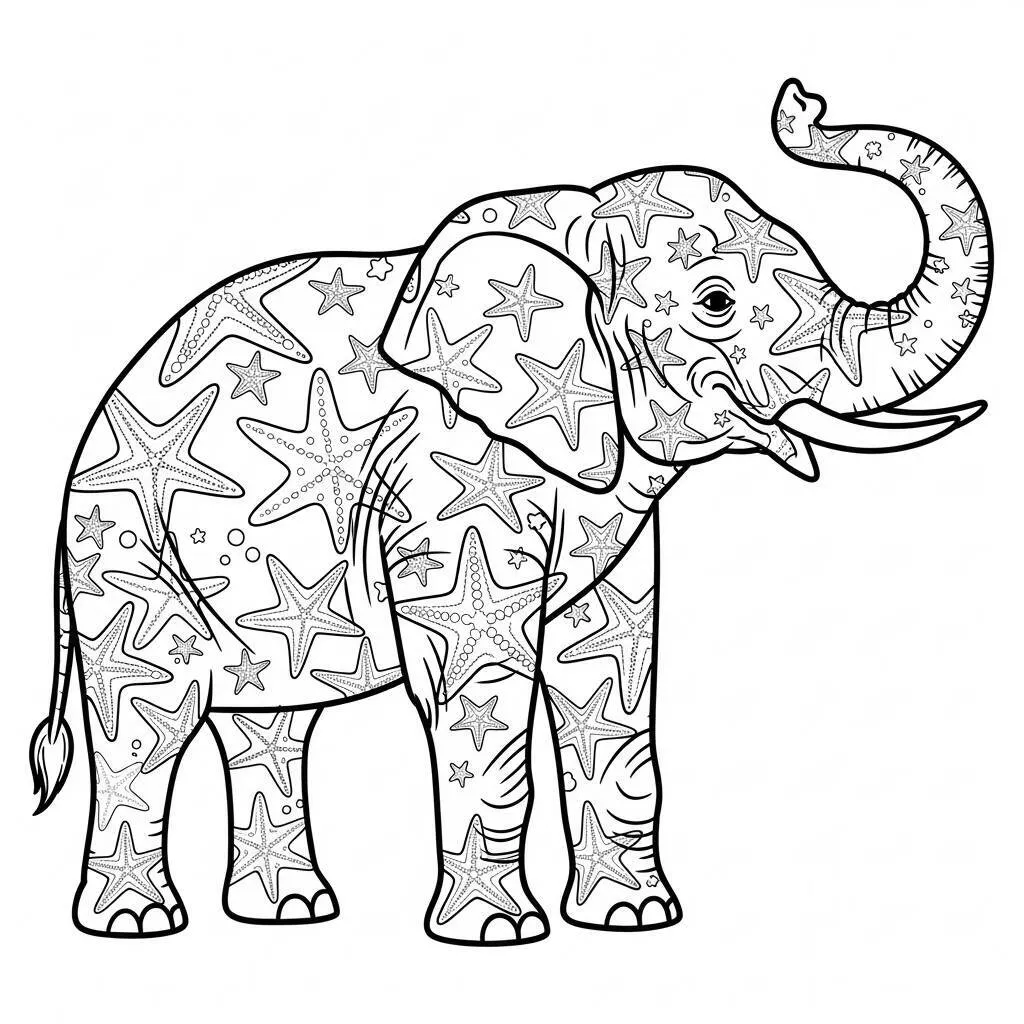Desenho de Elefante e Estrela do Mar para Colorir