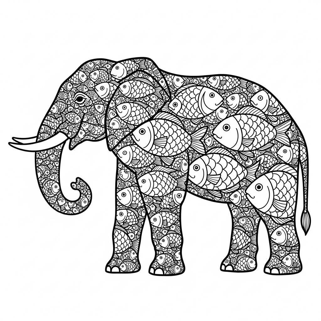 Desenho de Elefante e Peixe para Colorir