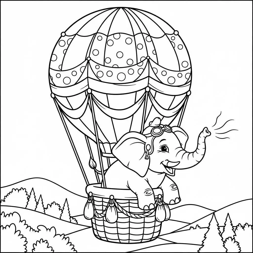 Desenho de Elefante em um Balão de Ar quente para Colorir