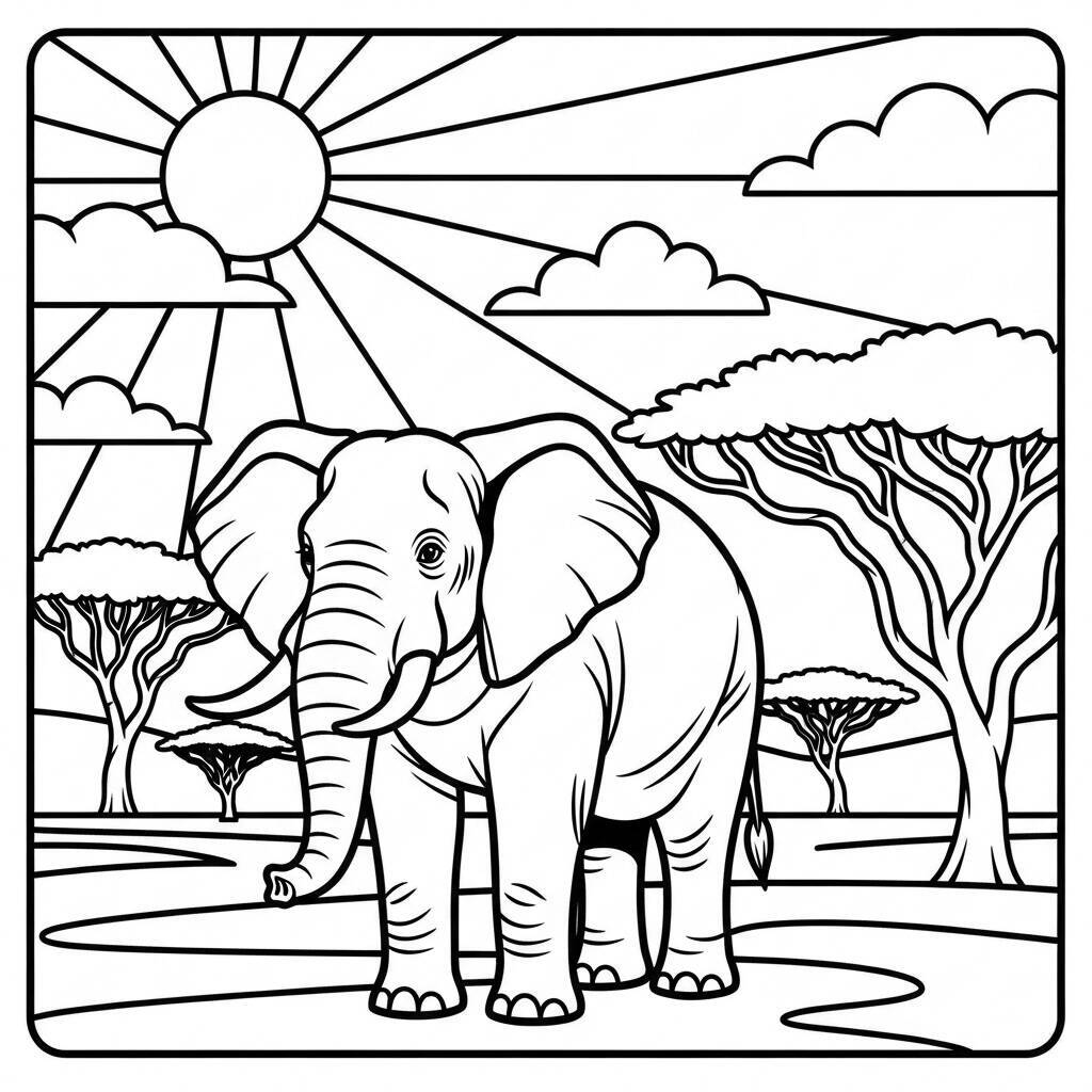 Desenho de Elefante em um Dia de Sol para Colorir