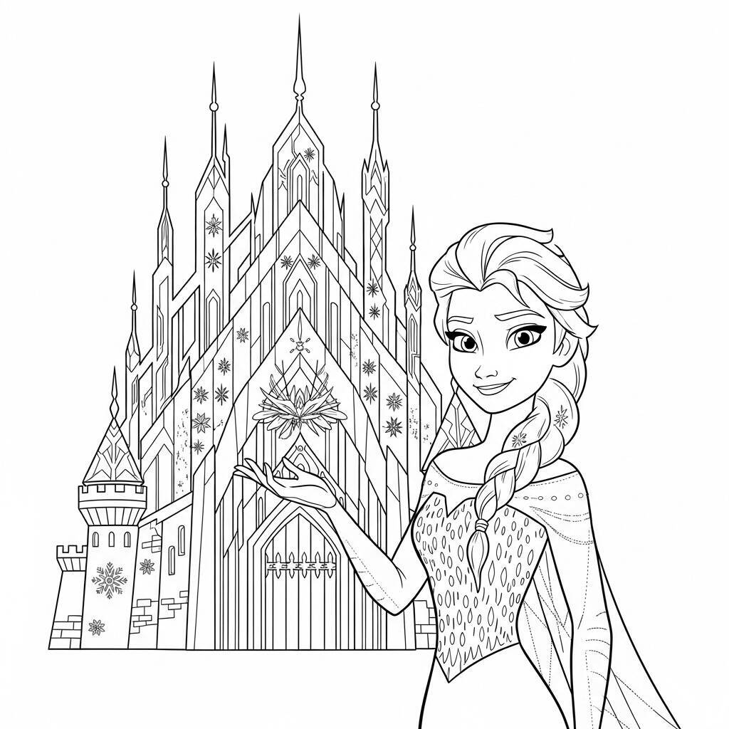 Desenho de Elsa com seu castelo de gelo para Colorir