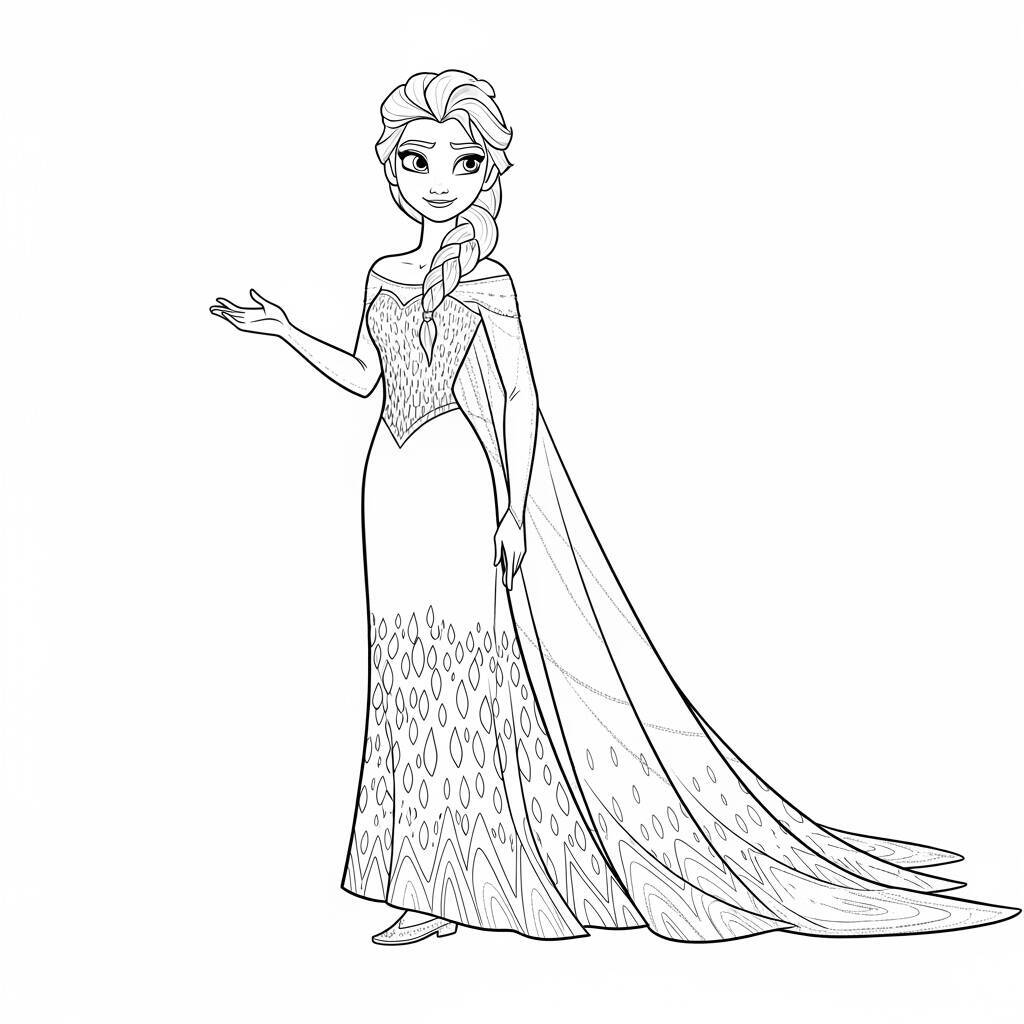 Desenho de Elsa com seu vestido de gala para Colorir