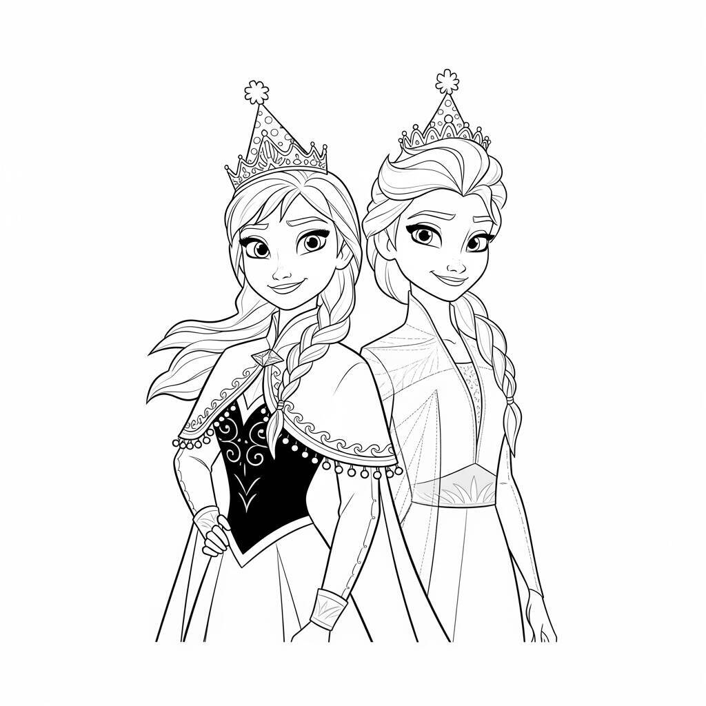 Desenho de Elsa e Anna em trajes de festa para Colorir