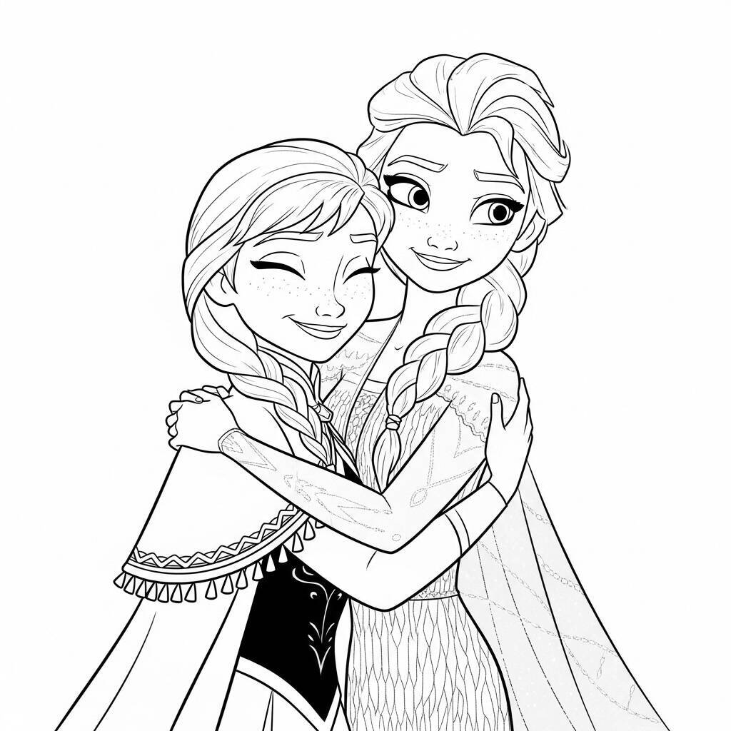 Desenho de Elsa e Anna em um abraço para Colorir