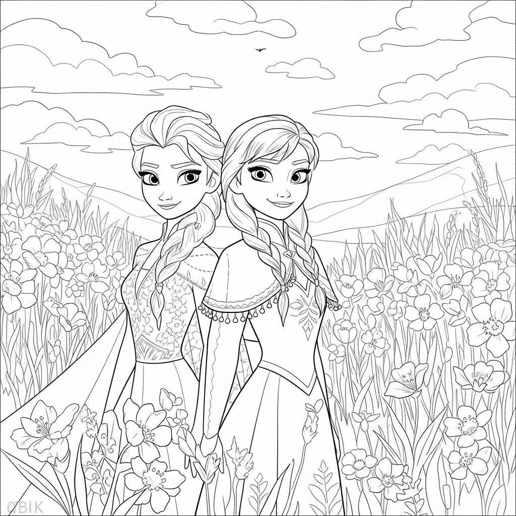 Desenho de Elsa e Anna em um campo de flores para Colorir