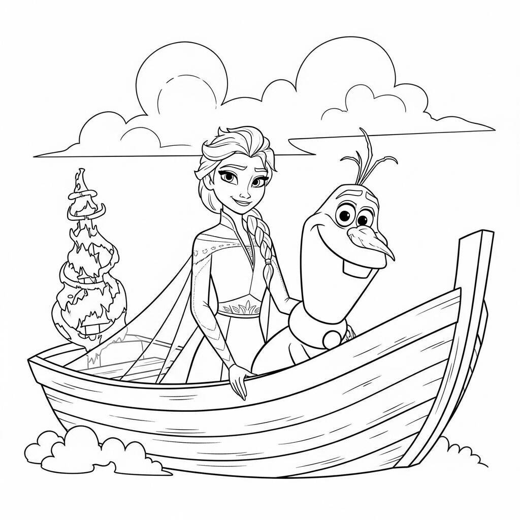Desenho de Elsa e Olaf em um barco para Colorir