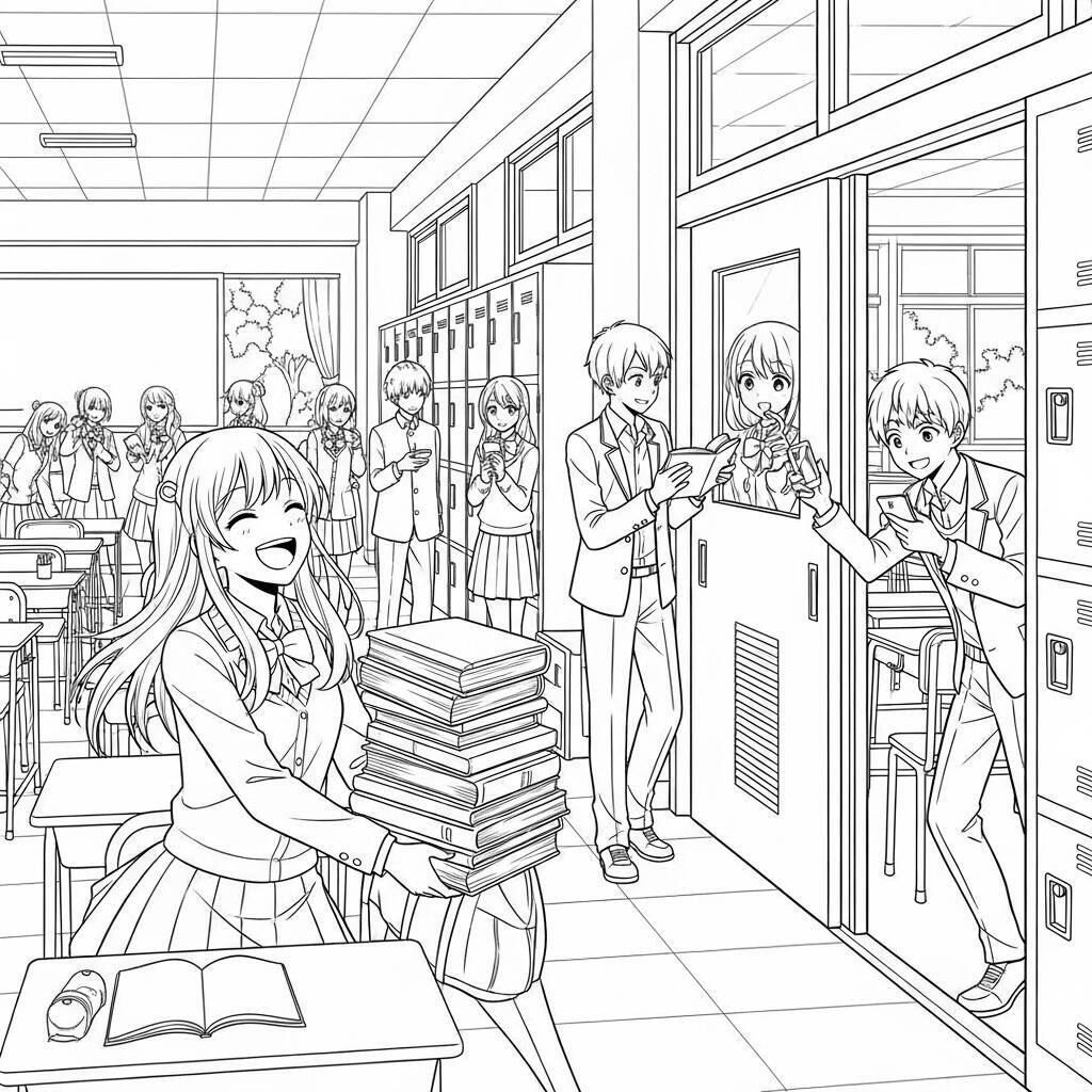 Desenho de Escola Anime para Colorir