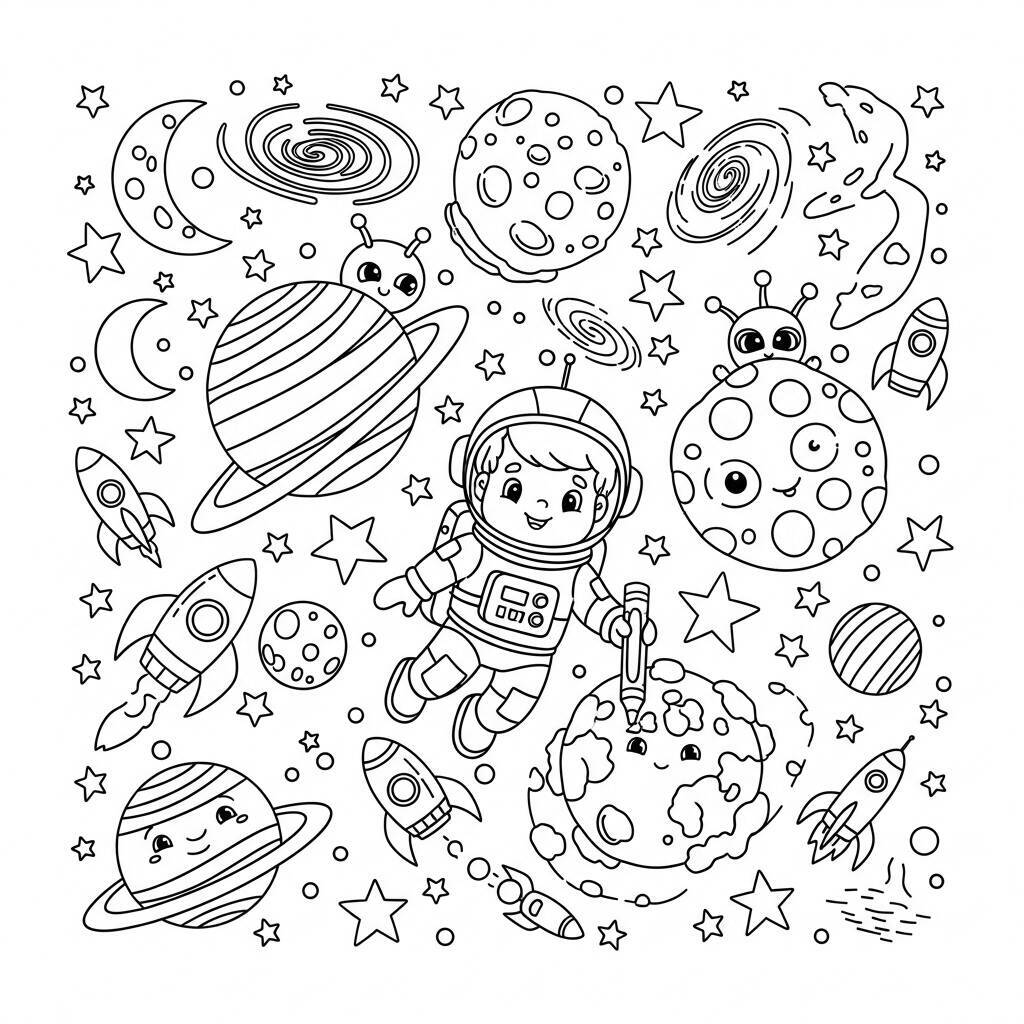 Dessin spatial avec des planètes à colorier