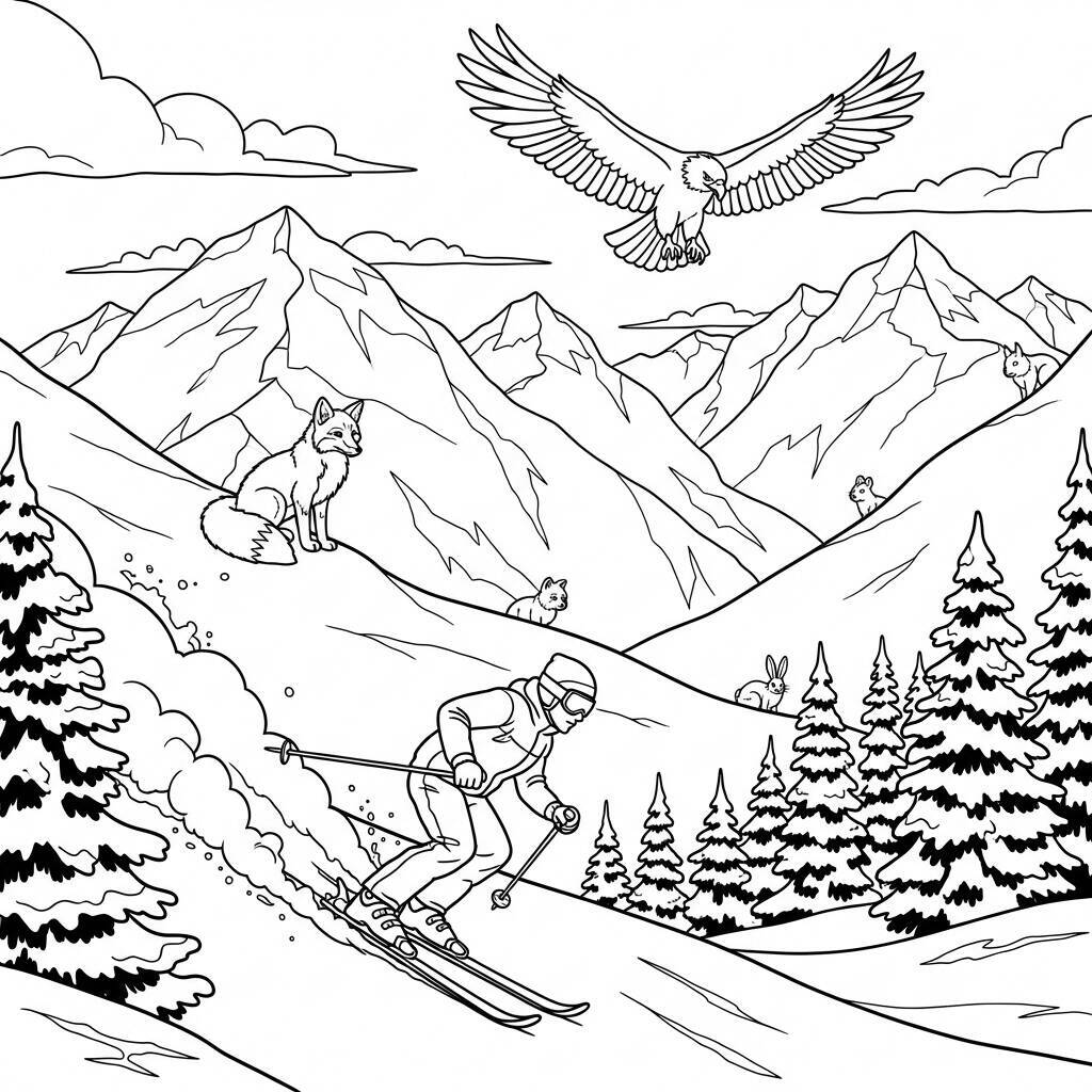Malvorlage Skifahren mit Bergtieren