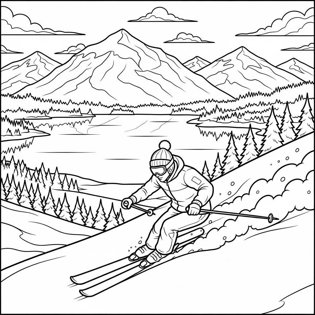 Skifahren mit Seeblick-Malvorlage