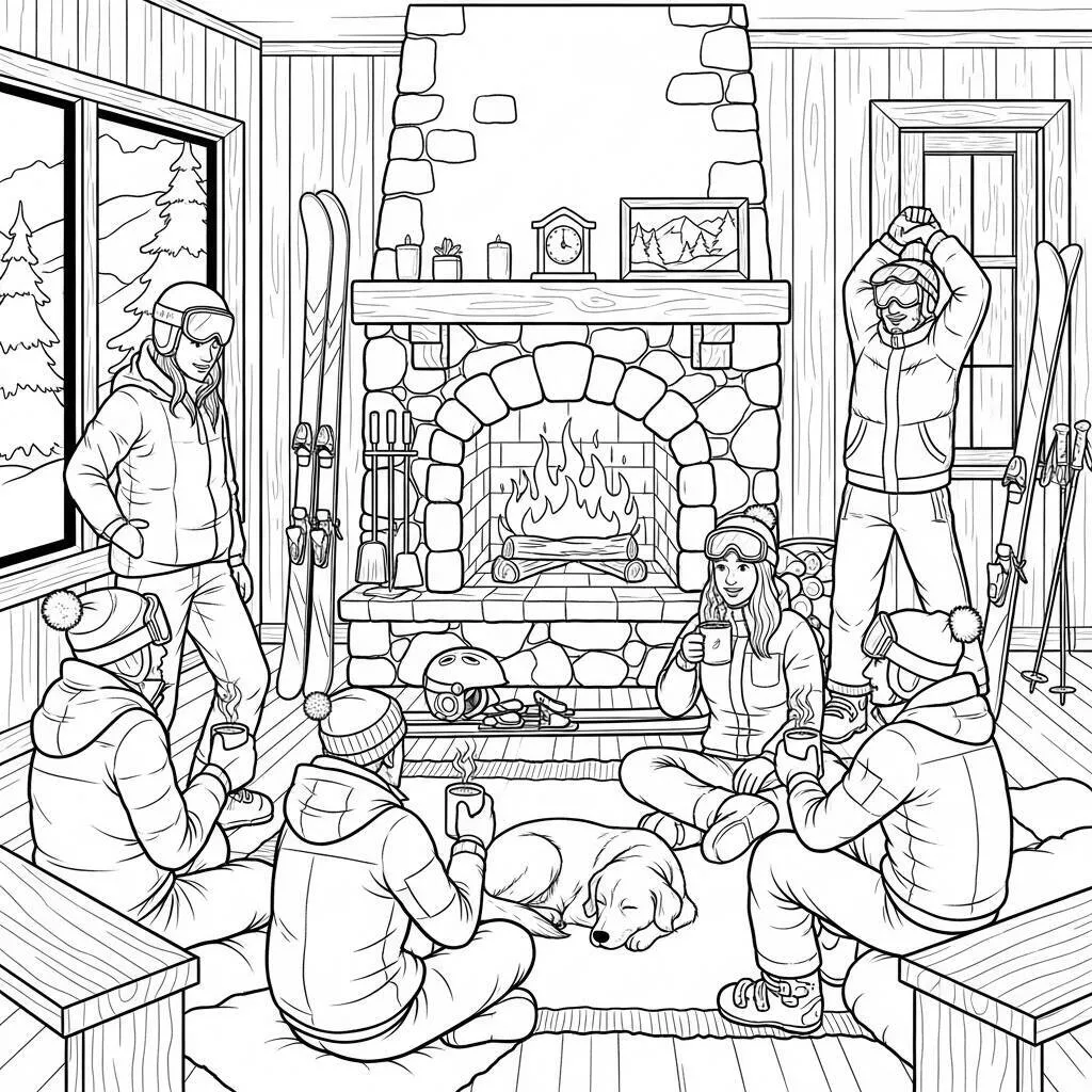 Desenho de Esqui e Lareira para Colorir