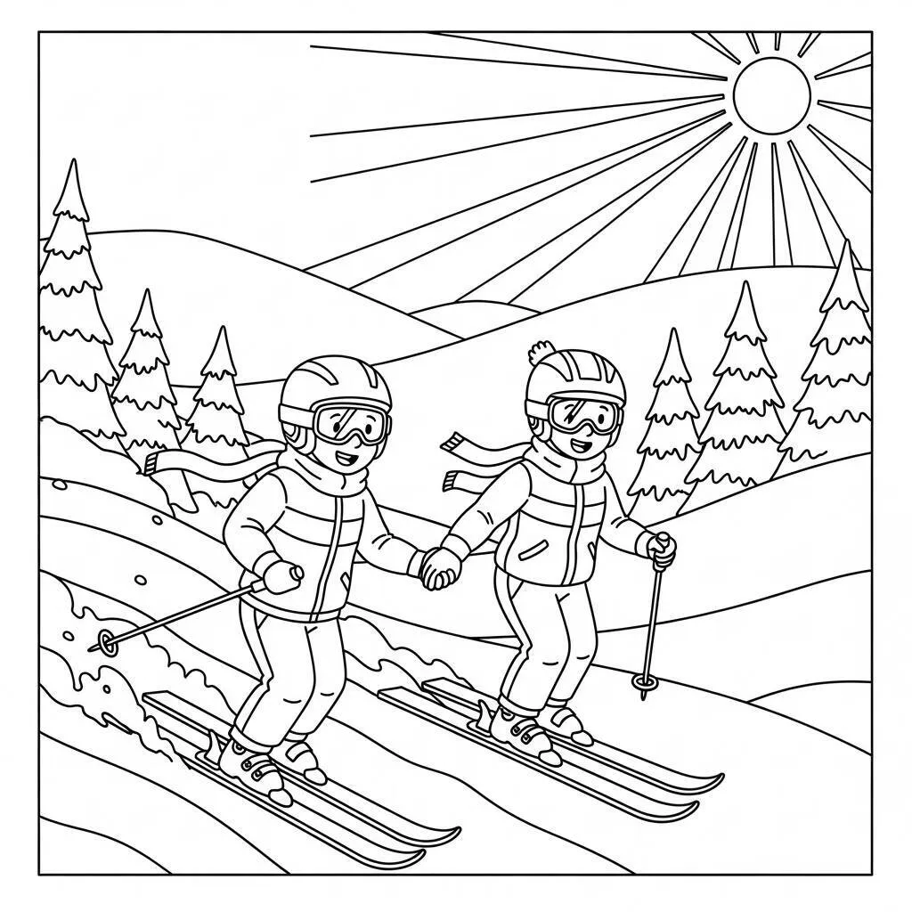 Desenho de Esqui em Casais para Colorir