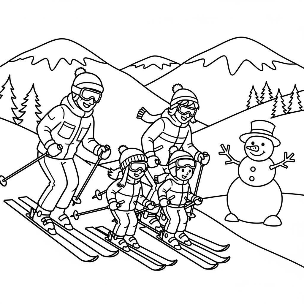 Ausmalbilder zum Thema Skifahren mit der Familie