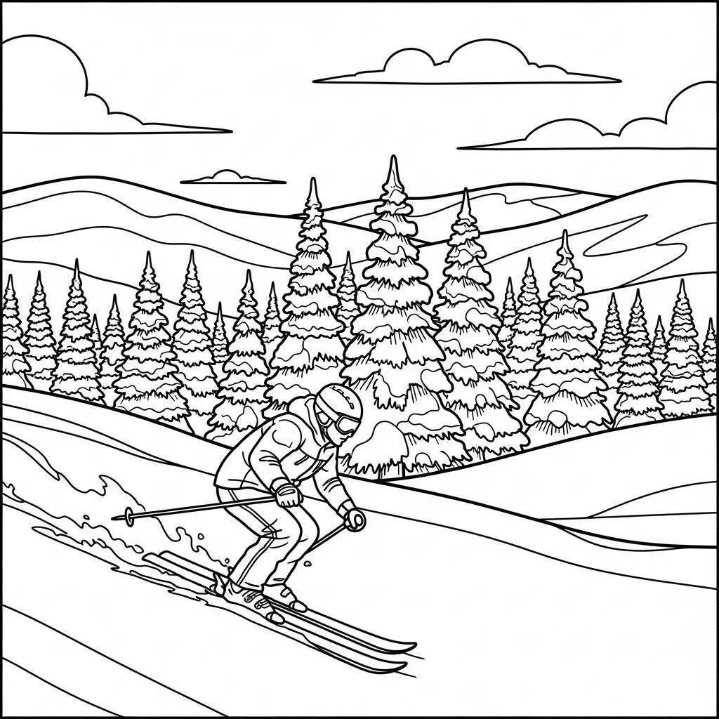 Desenho-de-Esqui-no-Inverno-para-Colorir Desenho de Esqui no Inverno para Colorir