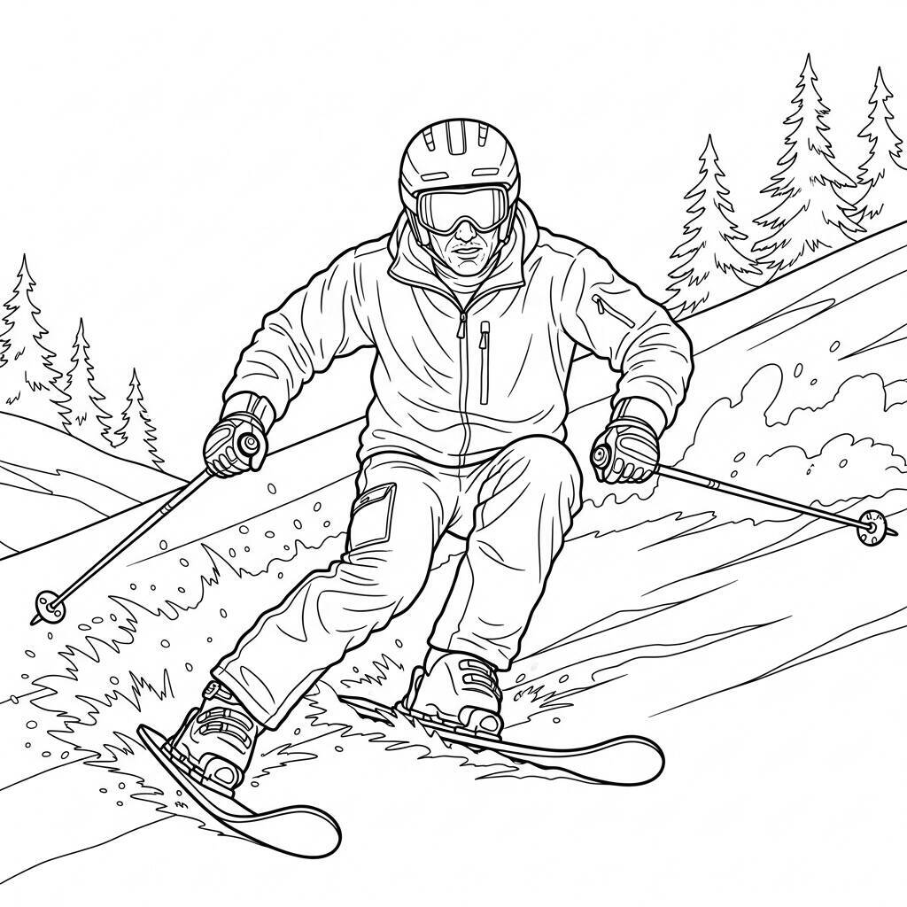 Ausmalbild für Erwachsene Skifahrer