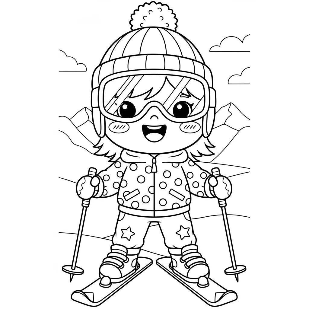 Desenho de Esquiador Kawaii para Colorir